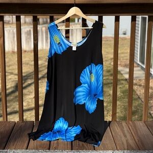 Black Mini Dress with Bold Blue Floral Print